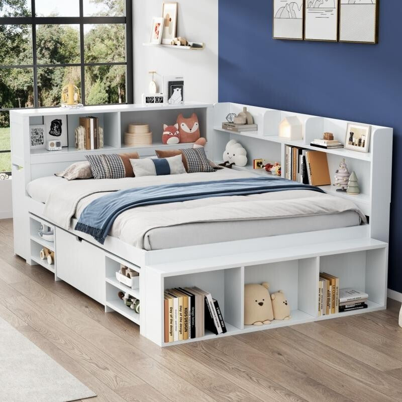 Kids Double Bed with Storage Drawers Bookcase Shelves 4ft6 White 135x190cm