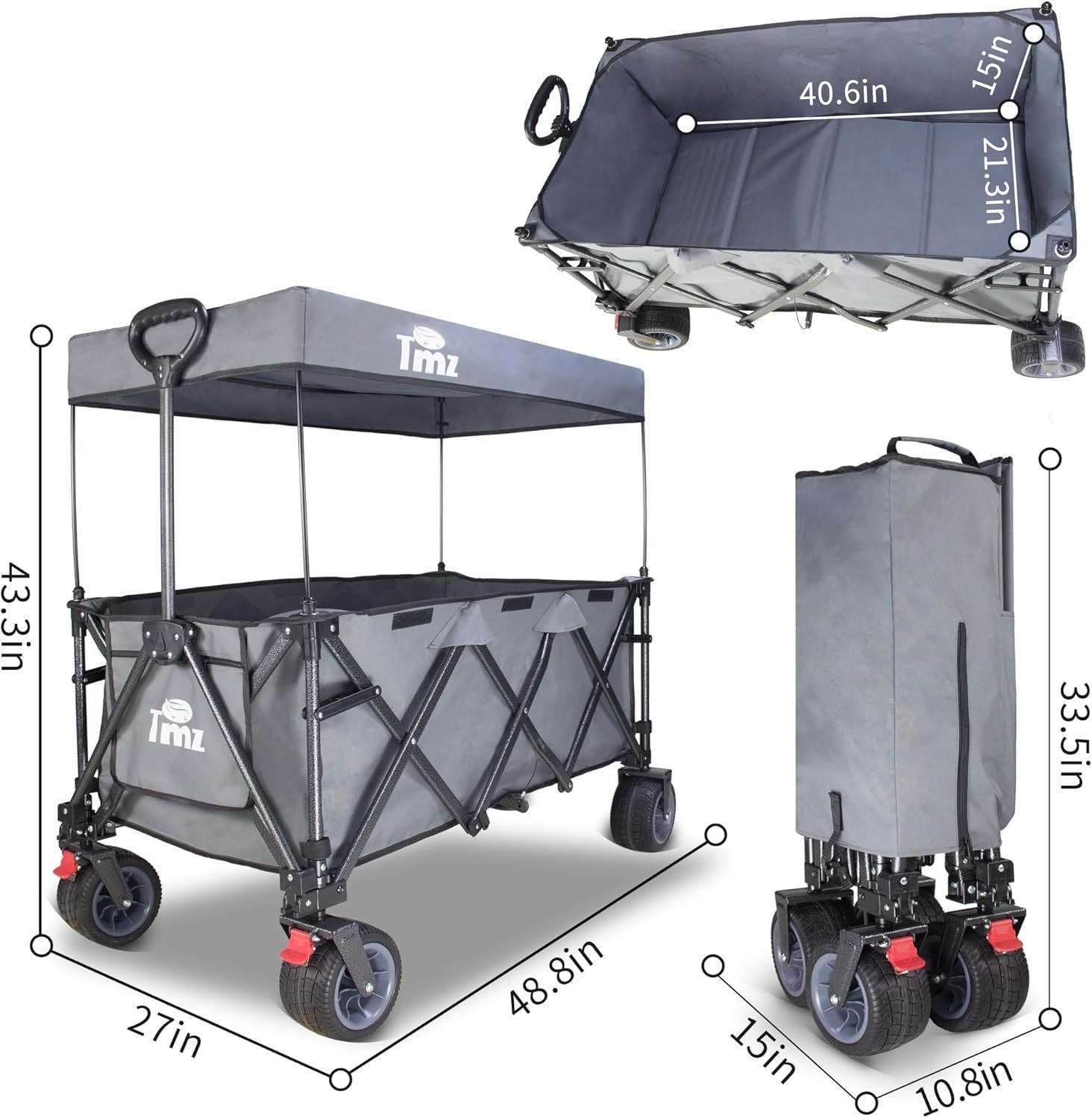 Extra Large 445L Folding Wagon Cart 120kg Load w/ Canopy Brakes All-Terrain Grey