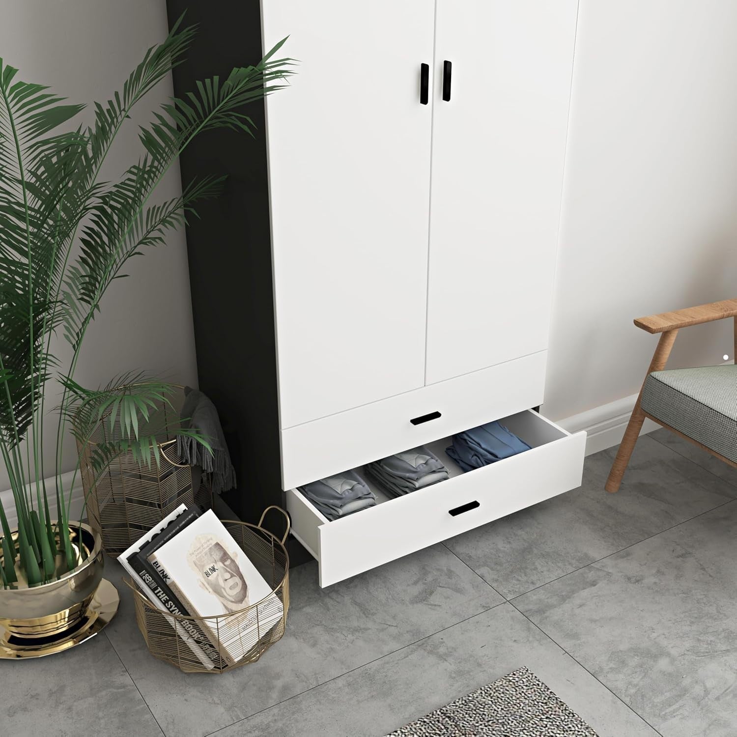 Modern White Black Wardrobe 2 Door 2 Drawer Rail Slim Bedroom Storage