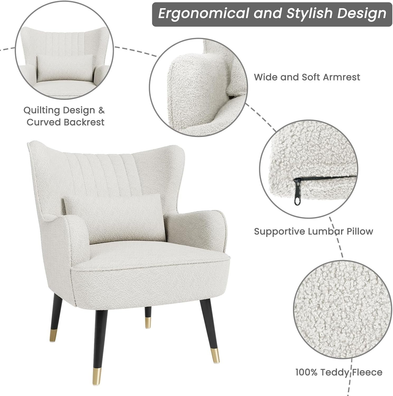 Modern Wingback Armchair Teddy Fleece Lounge Chair w/Lumbar Pillow