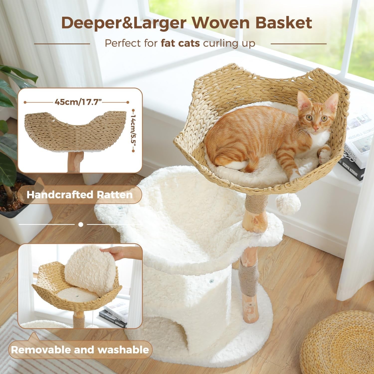 Luxury Wooden Cat Tree 40in Modern Tower with Wicker Basket Hammock Condo