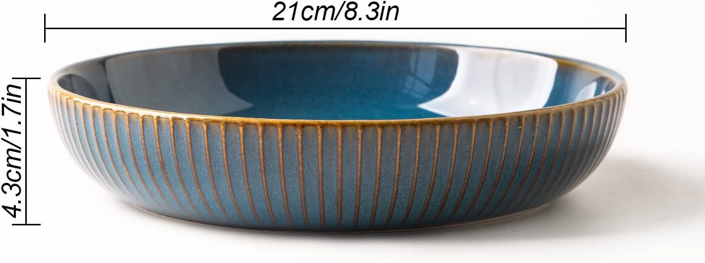 2pc Large Pasta Bowls 21cm Deep Porcelain Serving Bowls Blue Set