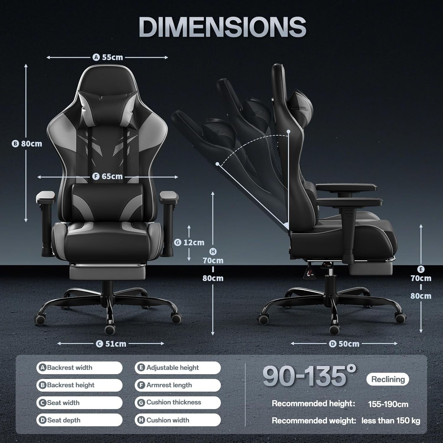 Ergonomic Gaming Chair w/ Footrest 2D Armrests PU Leather Grey