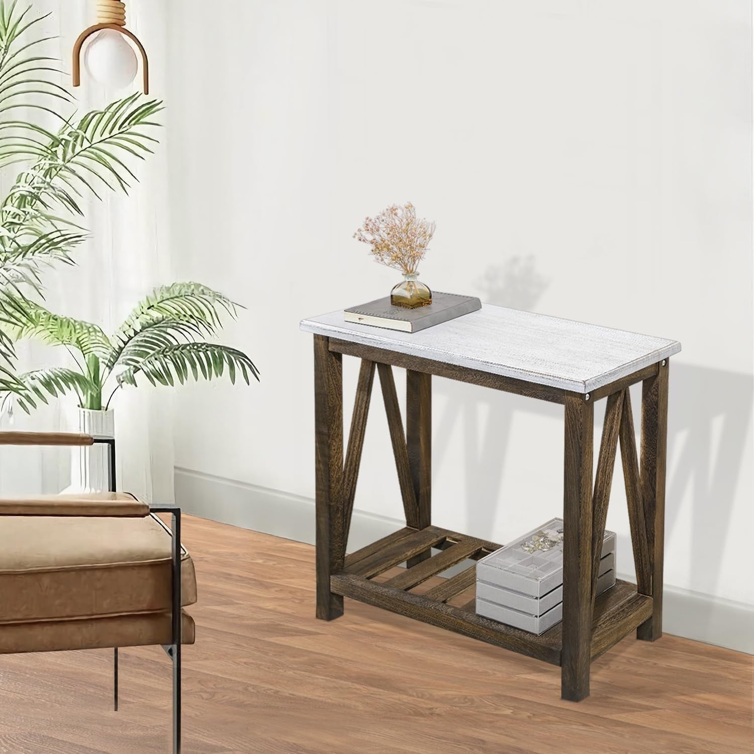 Rustic White & Brown Farmhouse Side Table with Storage Shelves, Compact Nightsta