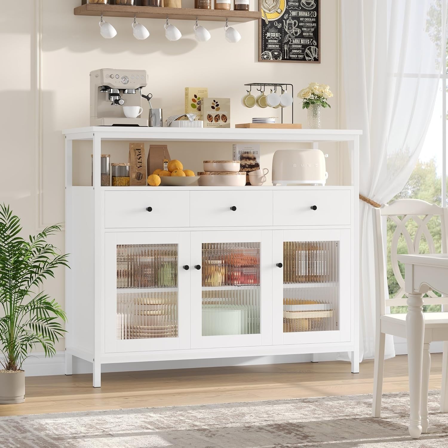 Modern White Sideboard Cabinet with Glass Doors 3 Drawers Adjustable Shelves
