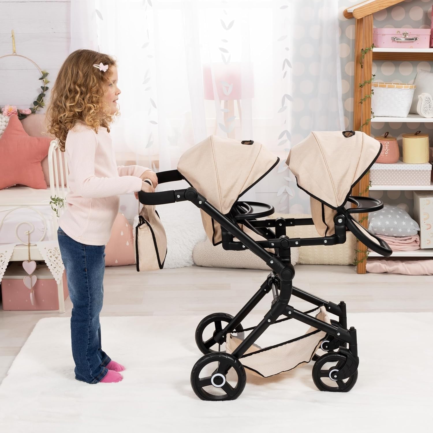 Twin Doll Pram Tandem Stroller Adjustable Reversible Handle Foldable 46cm