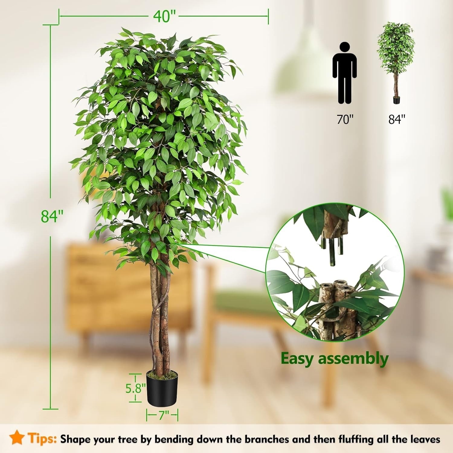 7ft Ficus Artificial Trees with Realistic Curved Trunks Indoor Plant Set of 2