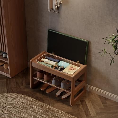 Small Entryway Shoe Bench with Flip-Top & Leather Cushion Storage Seat