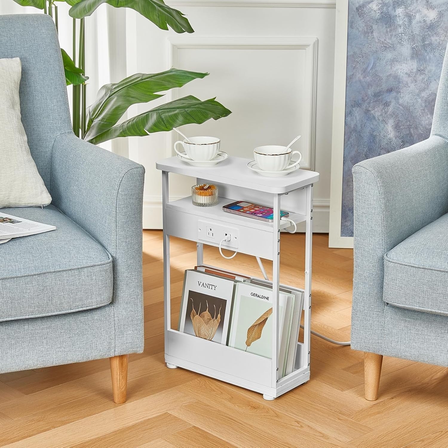 Slim White Side Table with USB Charging Ports – 3-Tier Small End Table
