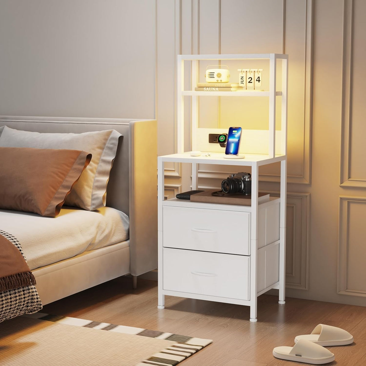 White Bedside Table with Charging Station, LED Light & Drawer Storage 100cm