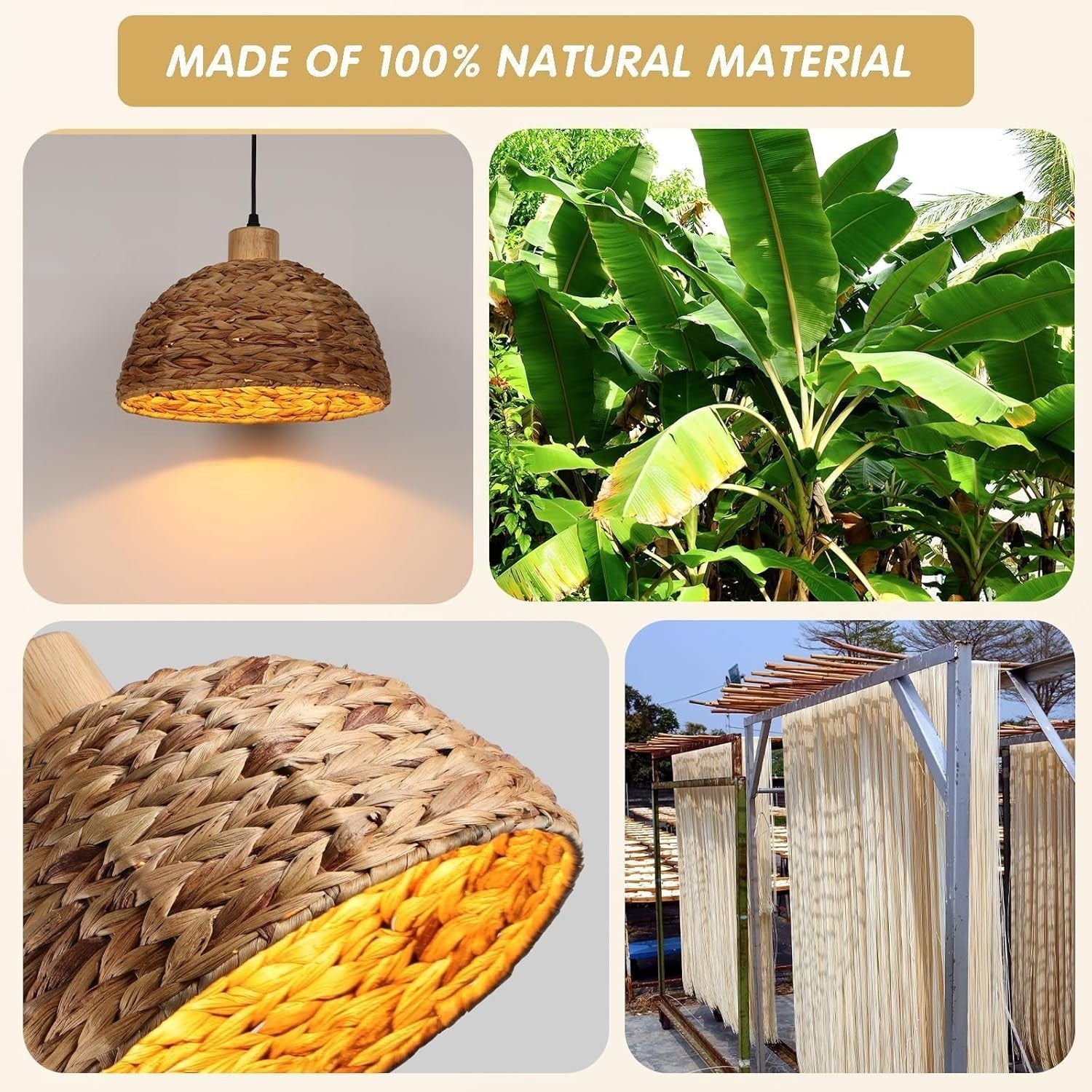 Boho Pendant Lamp Shade 30cm Water Hyacinth Woven Ceiling E27