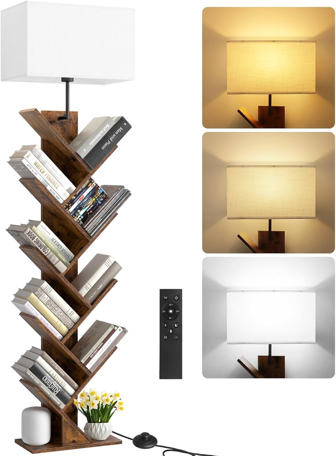 9 Tier Tree Bookshelf with LED Lamp Remote Rustic Brown Tall Narrow Shelf