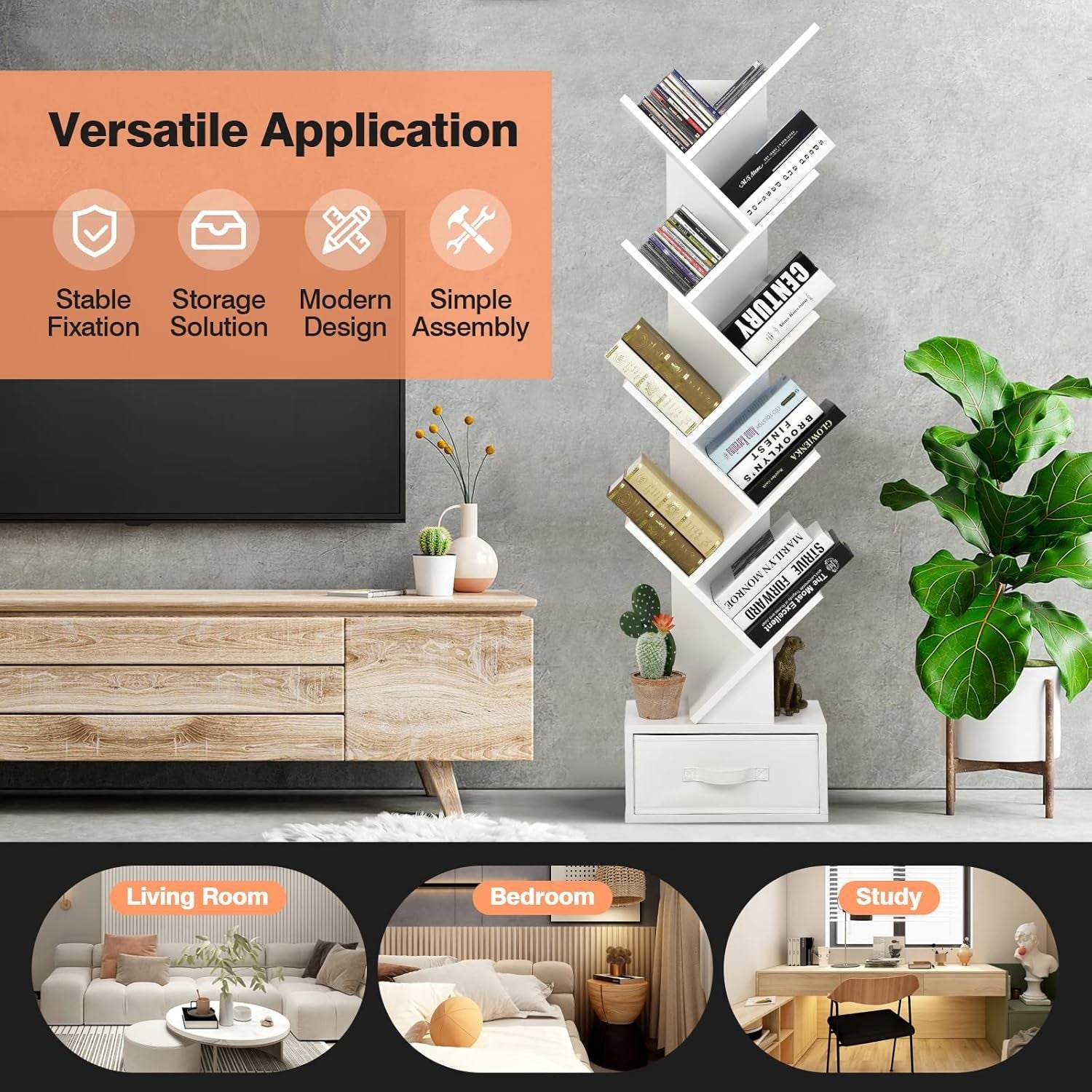 Modern 10-Tier Tree Bookshelf Slim Space-Saving Display Rack for Home Office