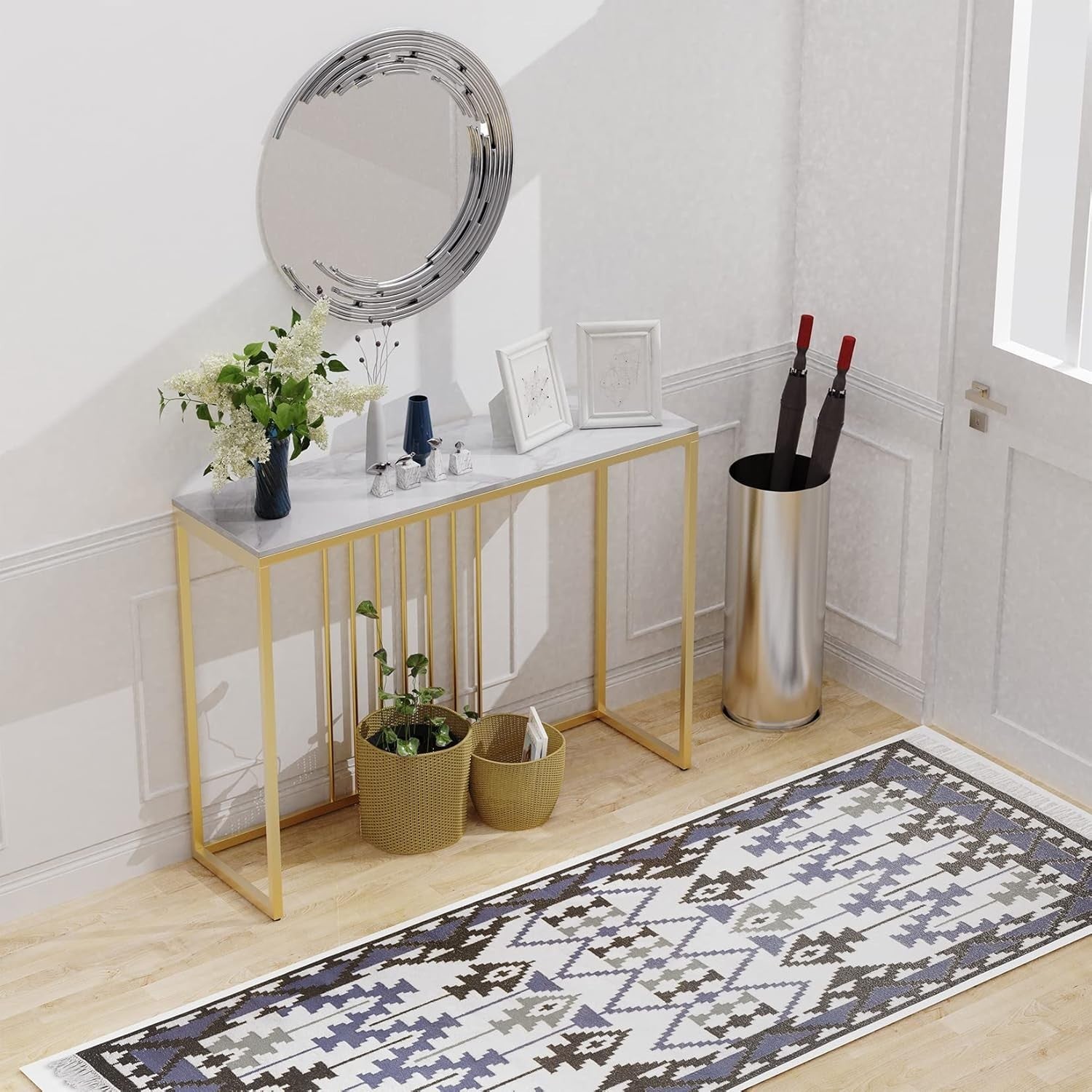 White Marble Console Table Slim 100cm – Gold Frame Entryway Desk Hall