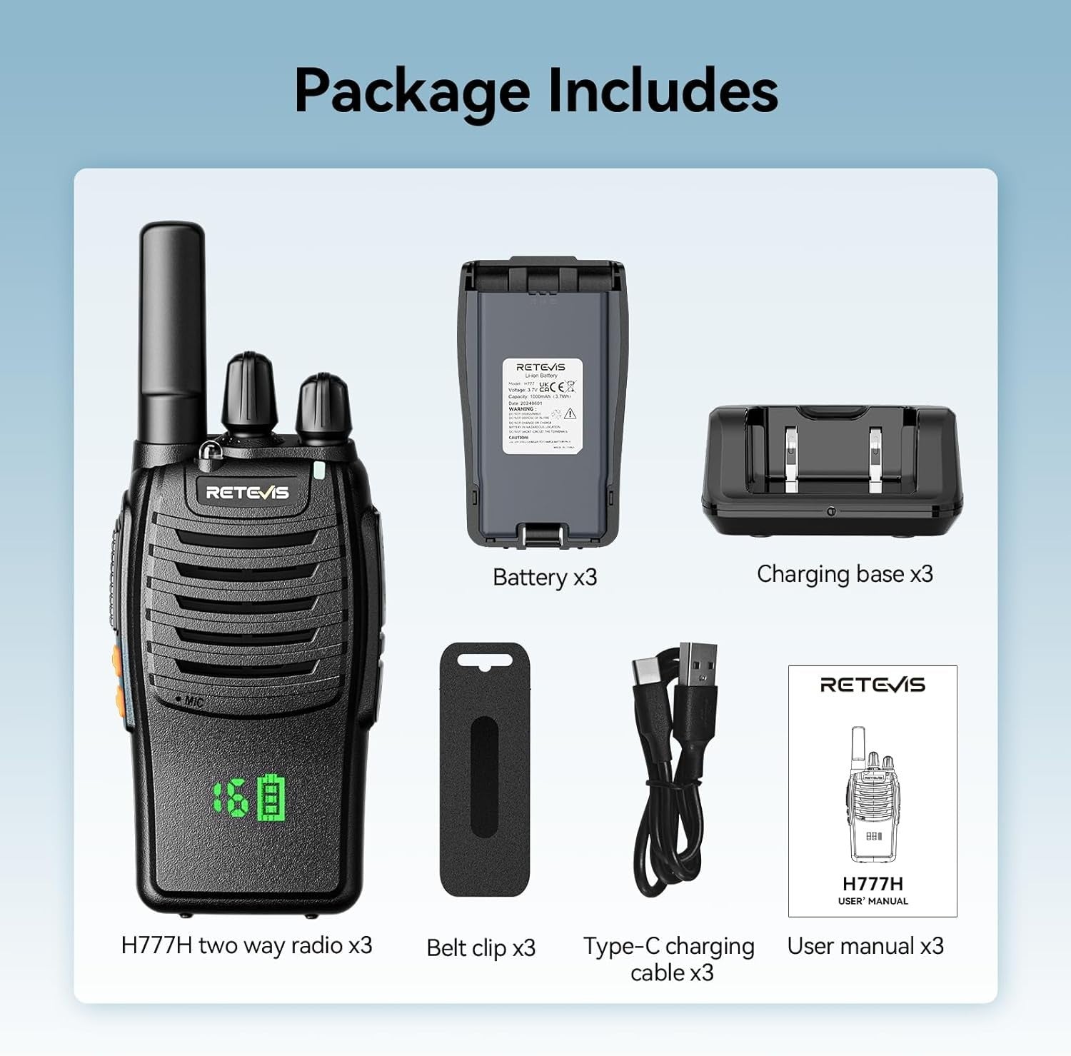 Walkie Talkies 3 Pack Rechargeable USB-C 2 Way Radio Screen VOX