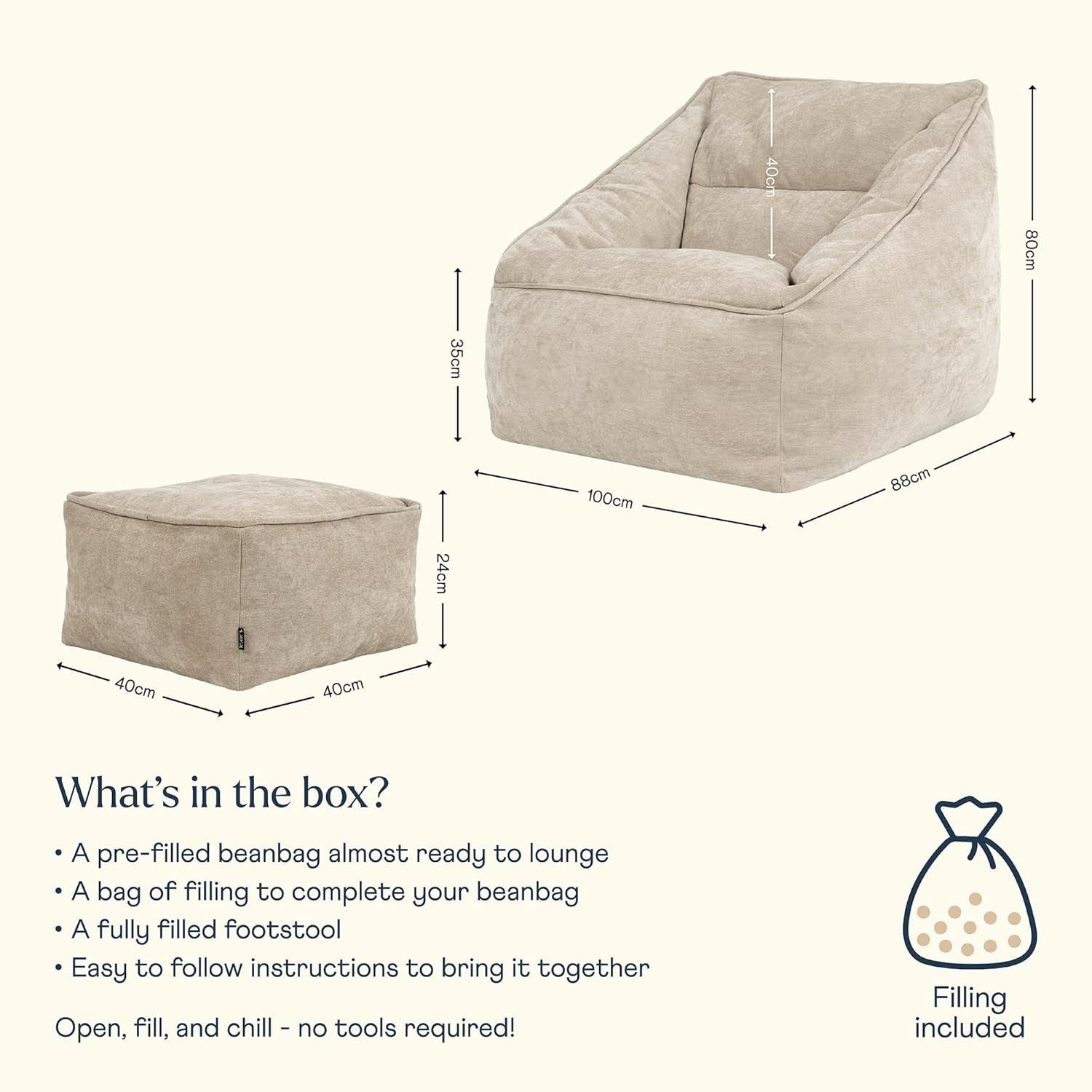Natural Chenille Bean Bag Armchair Set with Footstool Lounge Chair.