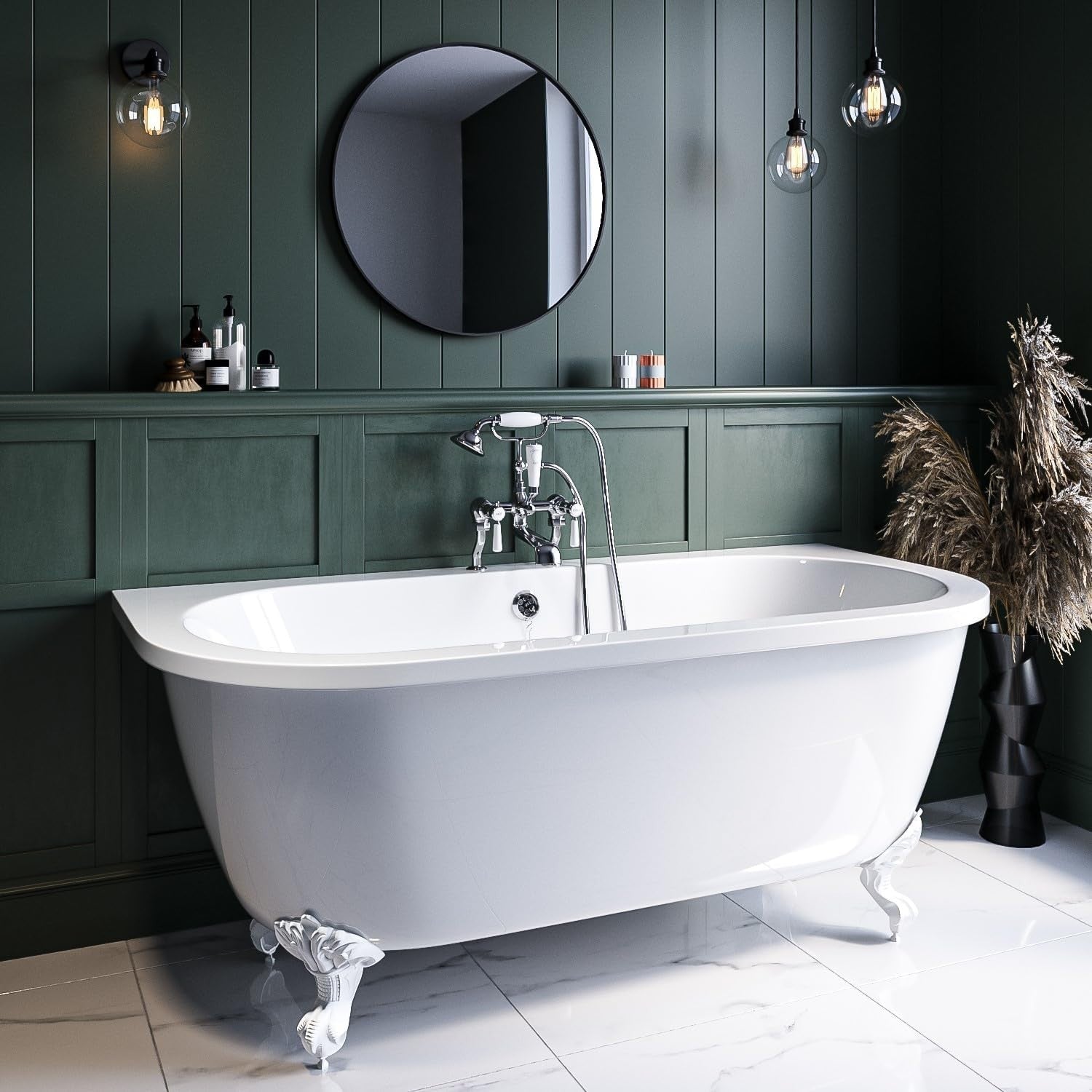 1700x620mm Freestanding Double Ended Back-to-Wall Bath White Feet Acrylic