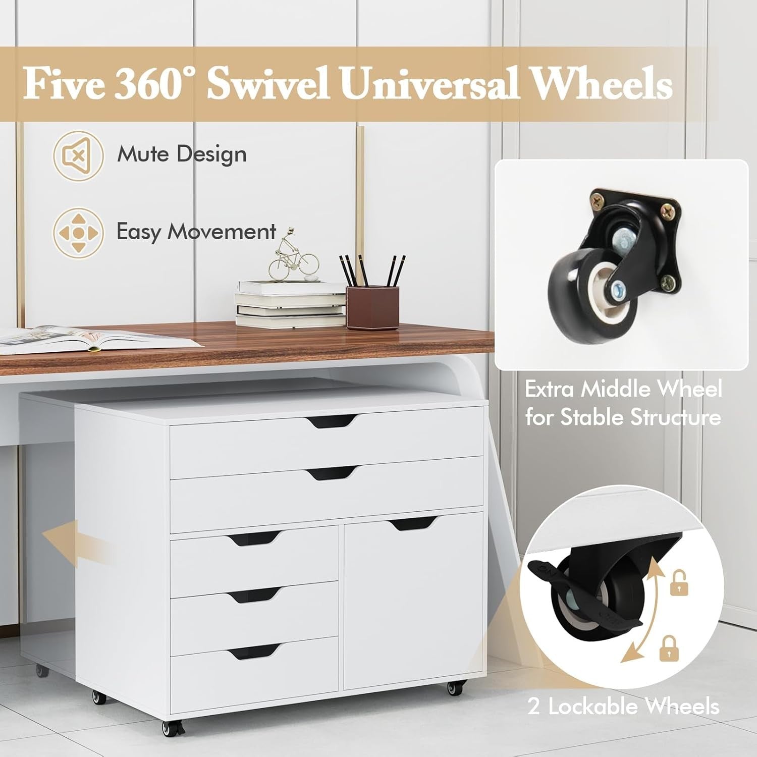 White Mobile File Cabinet 5 Drawer Side Cupboard Rolling Printer Stand