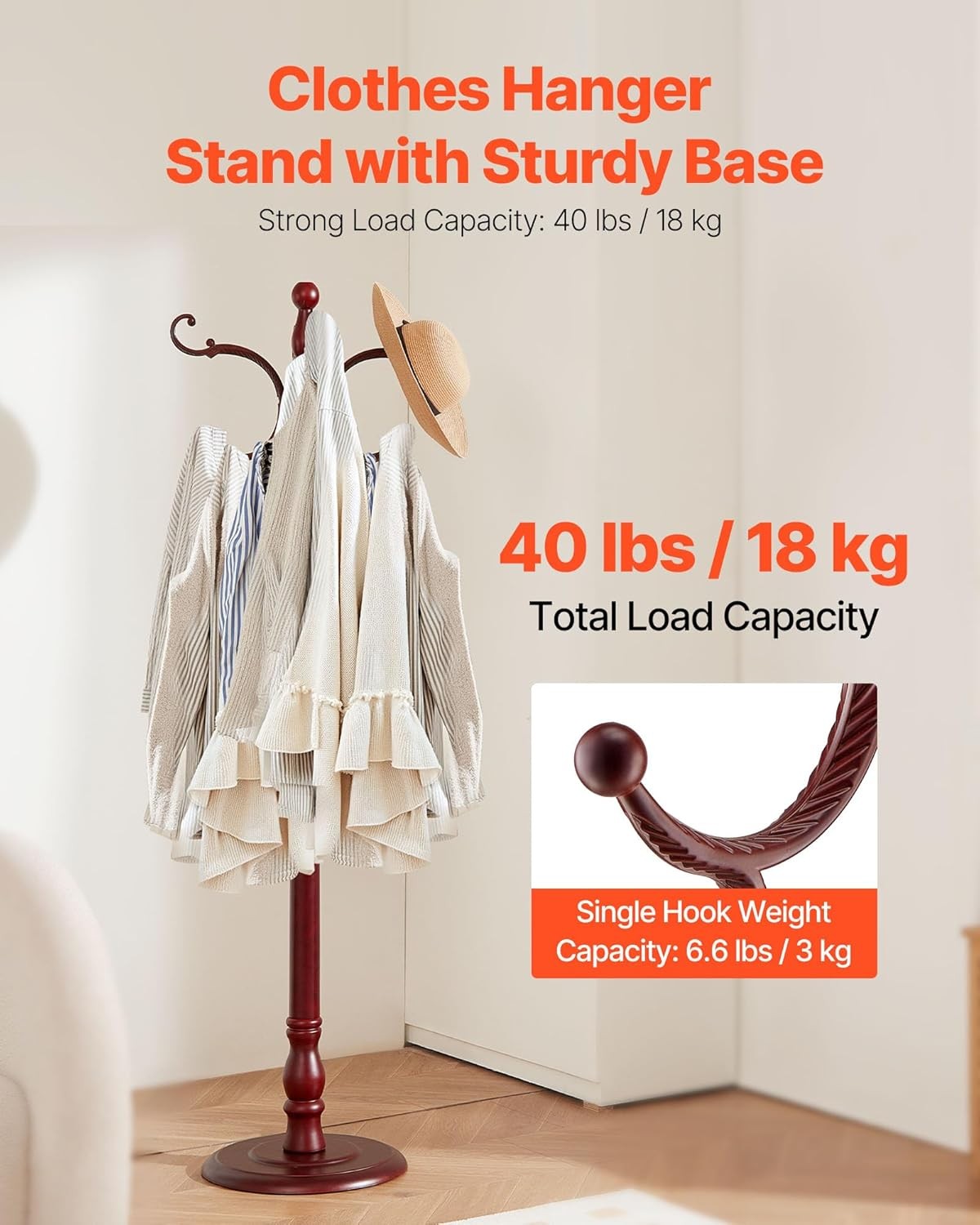 Freestanding Wooden Coat Rack Stand 11 Hooks Weighted Base Hall Tree