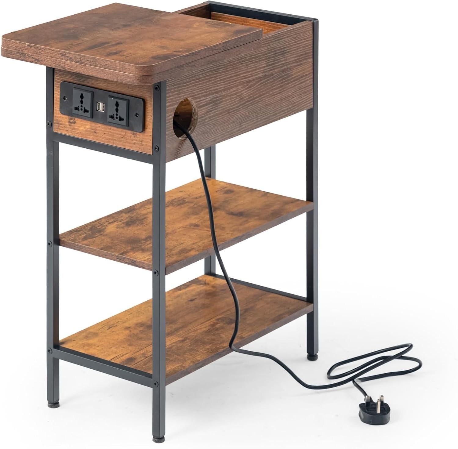 Slim Side Table with USB Ports Power Outlets & Storage, Industrial Brown