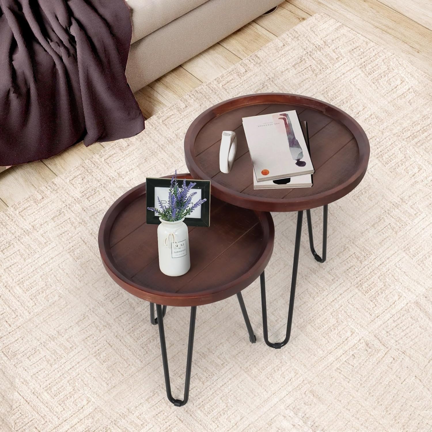 Round Wood Nesting Coffee Table Walnut Metal Frame Side End Tables Set of 2