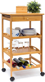 Bamboo Kitchen Trolley Cart with Drawer Wine Rack Rolling Storage Shelves