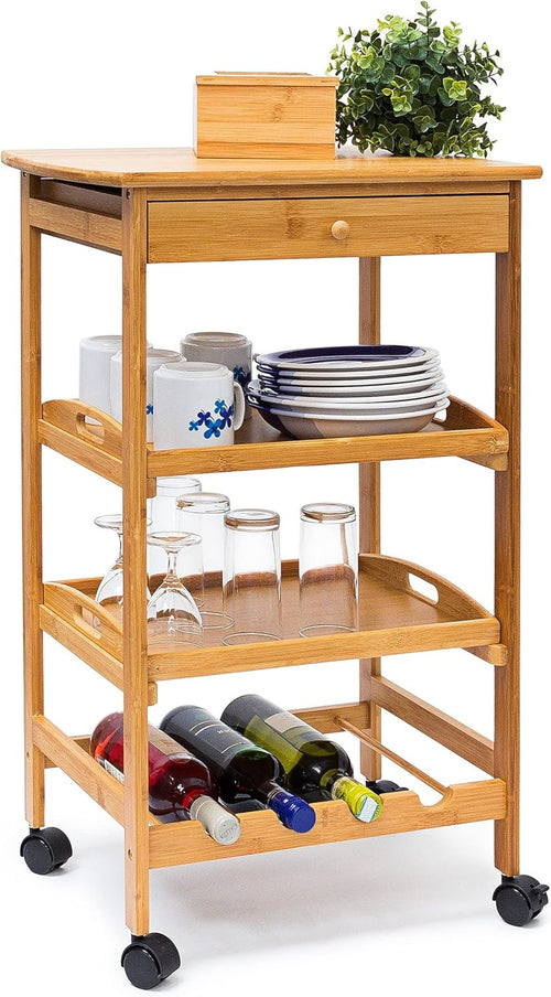 Bamboo Kitchen Trolley Cart with Drawer Wine Rack Rolling Storage Shelves