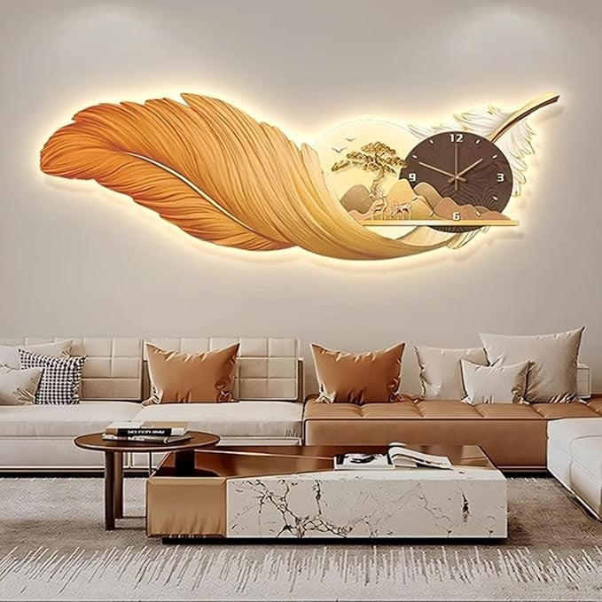 LED Feather Wall Clock 160×58cm Luxury Silent Modern Light-Up Wall Art Decor