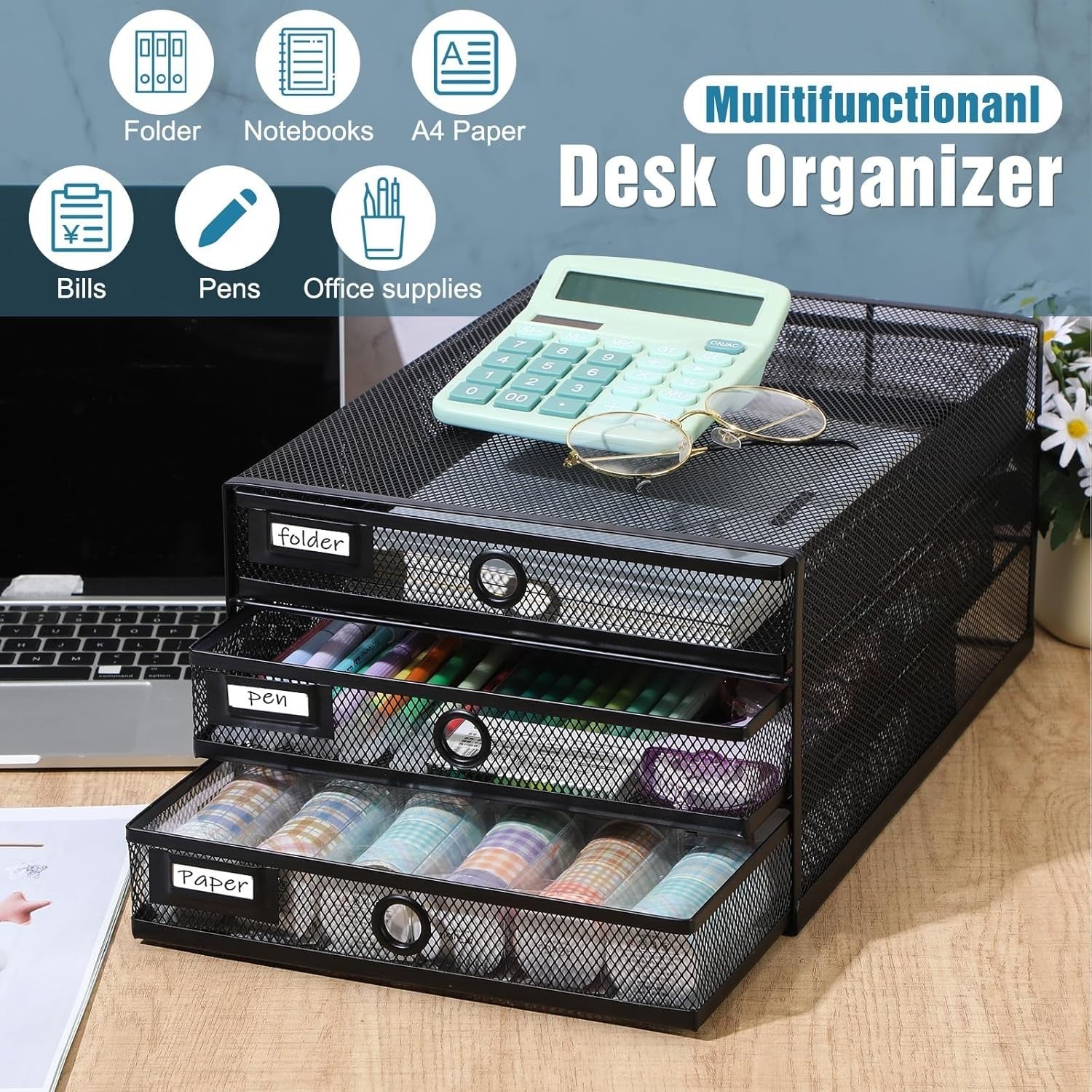 3-Tier Desk Organizer with Drawer | Mesh Metal File & Paper Storage, A4