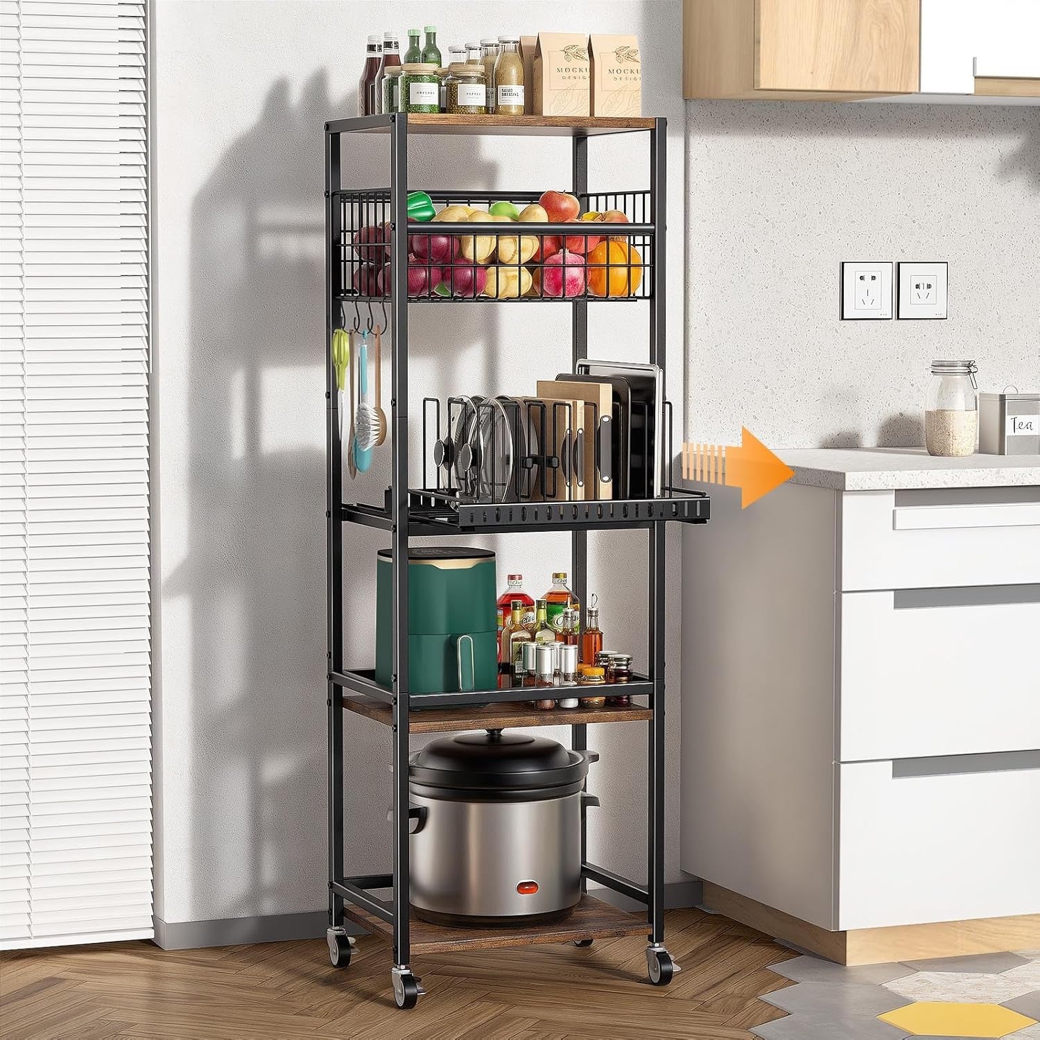5 Tier Kitchen Rolling Cart Storage Rack with Fruit Basket & Wooden