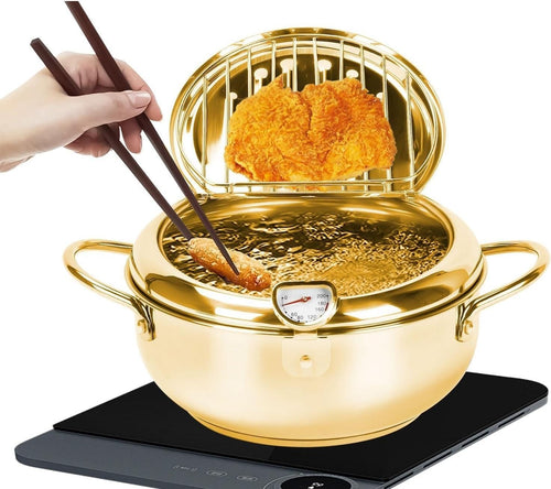 24cm Stainless Steel Deep Fryer Pot w Thermometer Oil Drip Lid Gold