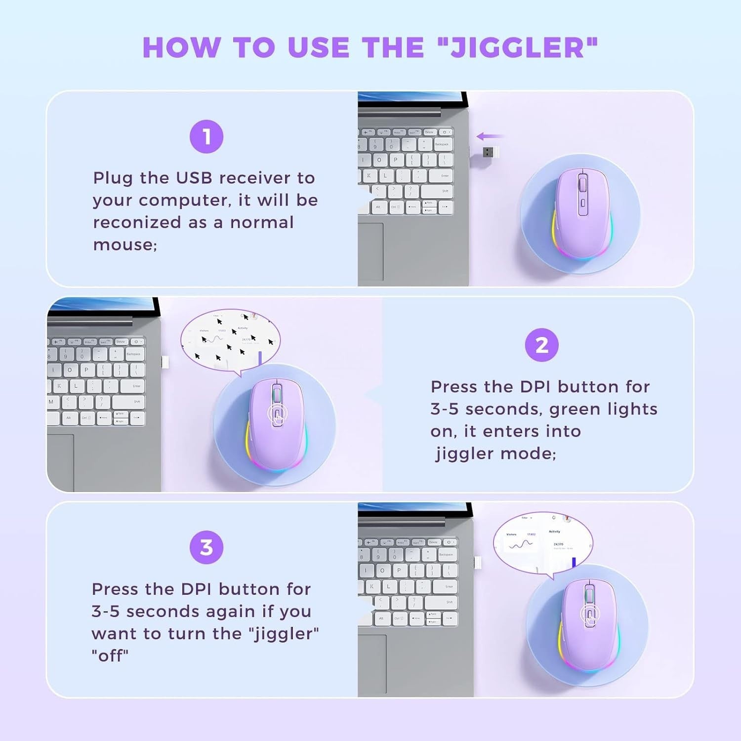 Purple RGB Wireless Mouse Rechargeable Silent USB Jiggler