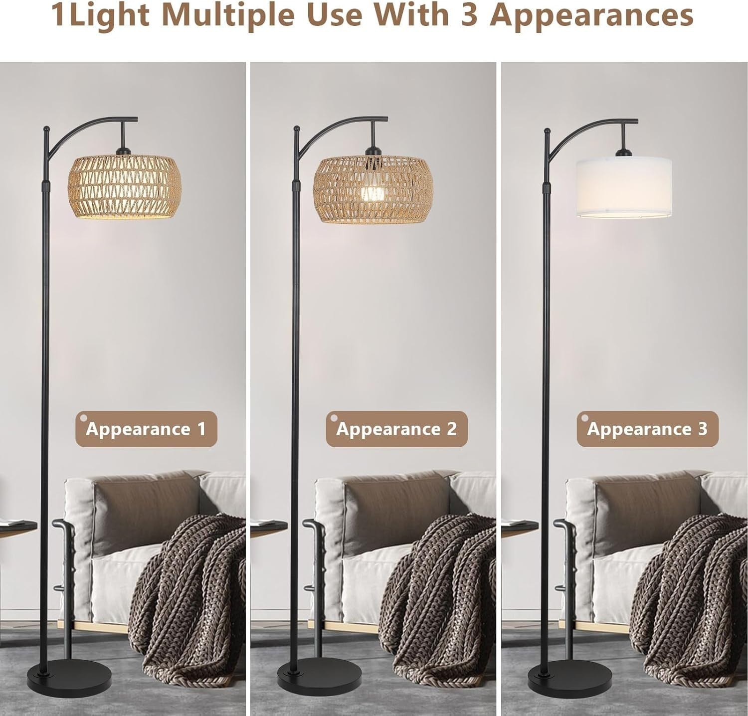 Adjustable Rattan Arc Floor Lamp with Remote, Dimmable LED Light for Living Room
