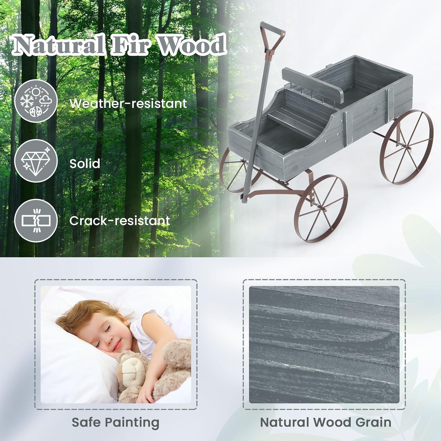 Grey Wooden Garden Wagon Planter Rustic Flower Pot Stand w/ Handle & Wheels