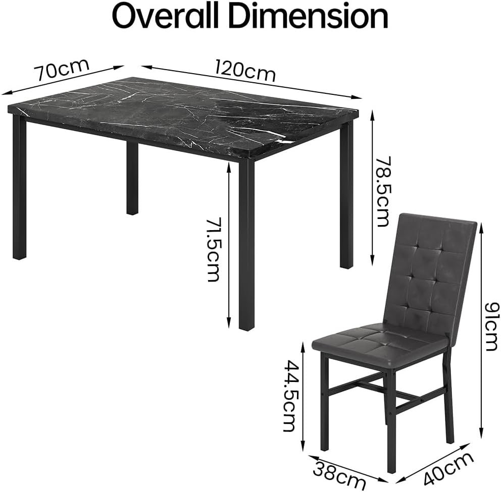 Black Marble Dining Table Set with 4 Leather Chairs Modern 120cm Kitchen