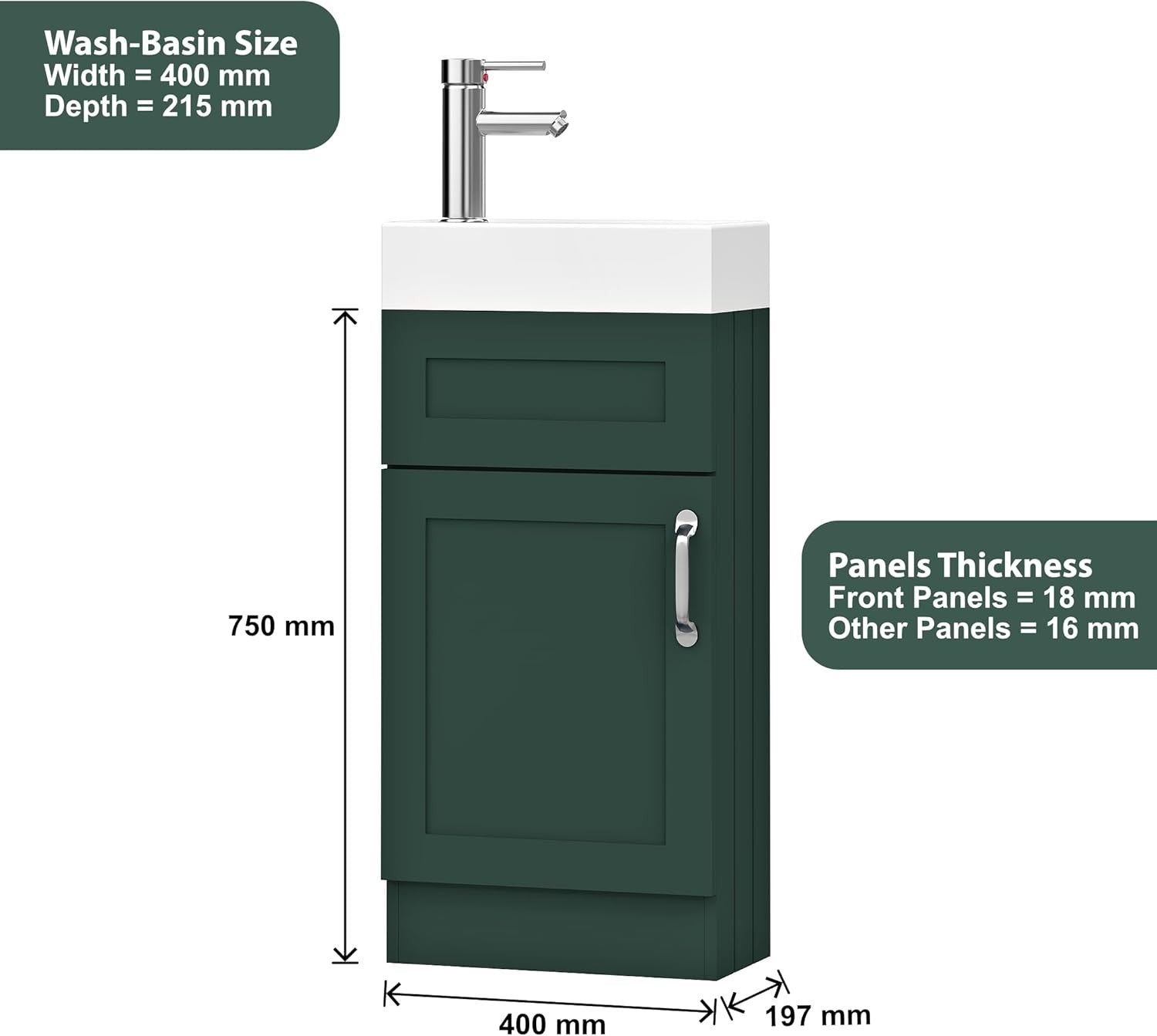 Green Vanity Unit with Basin Trap & Waste – 40cm Compact Under Sink Bathroom