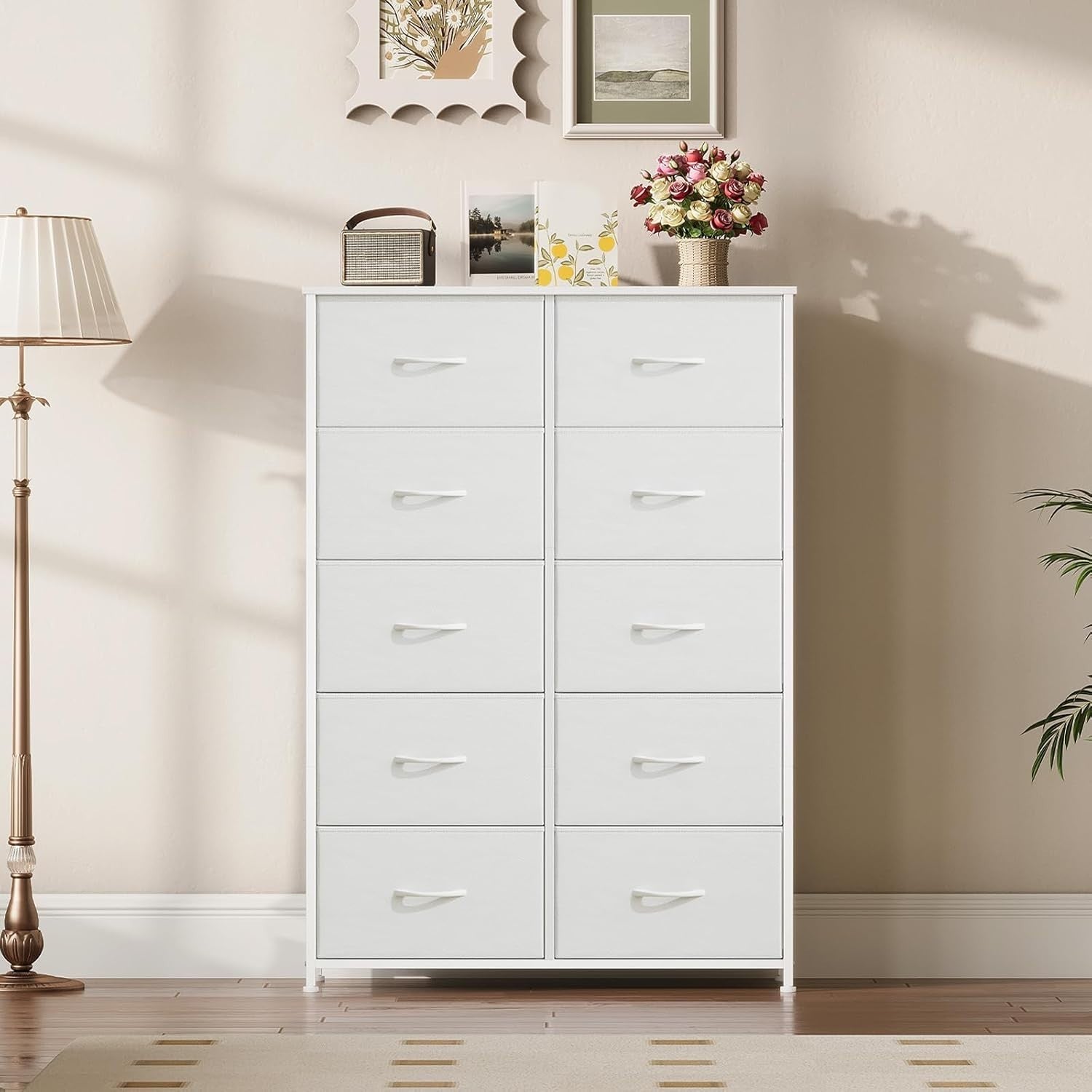 White Tall 10 Drawer Fabric Dresser Storage Unit Wardrobe Bedroom Cabinet