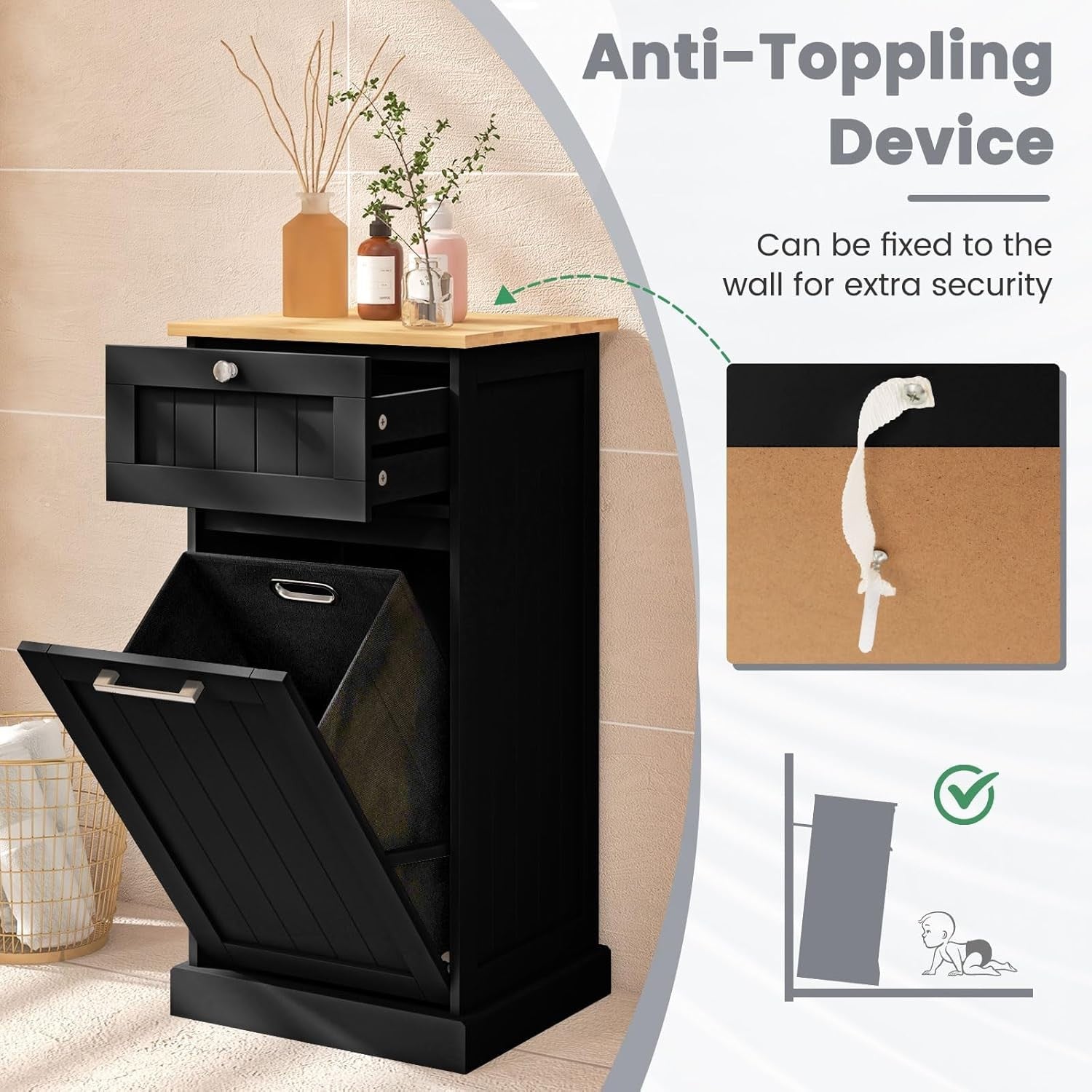 Black Tilt-Out Laundry Cabinet with Drawer & Removable Hamper | Freestanding Bat