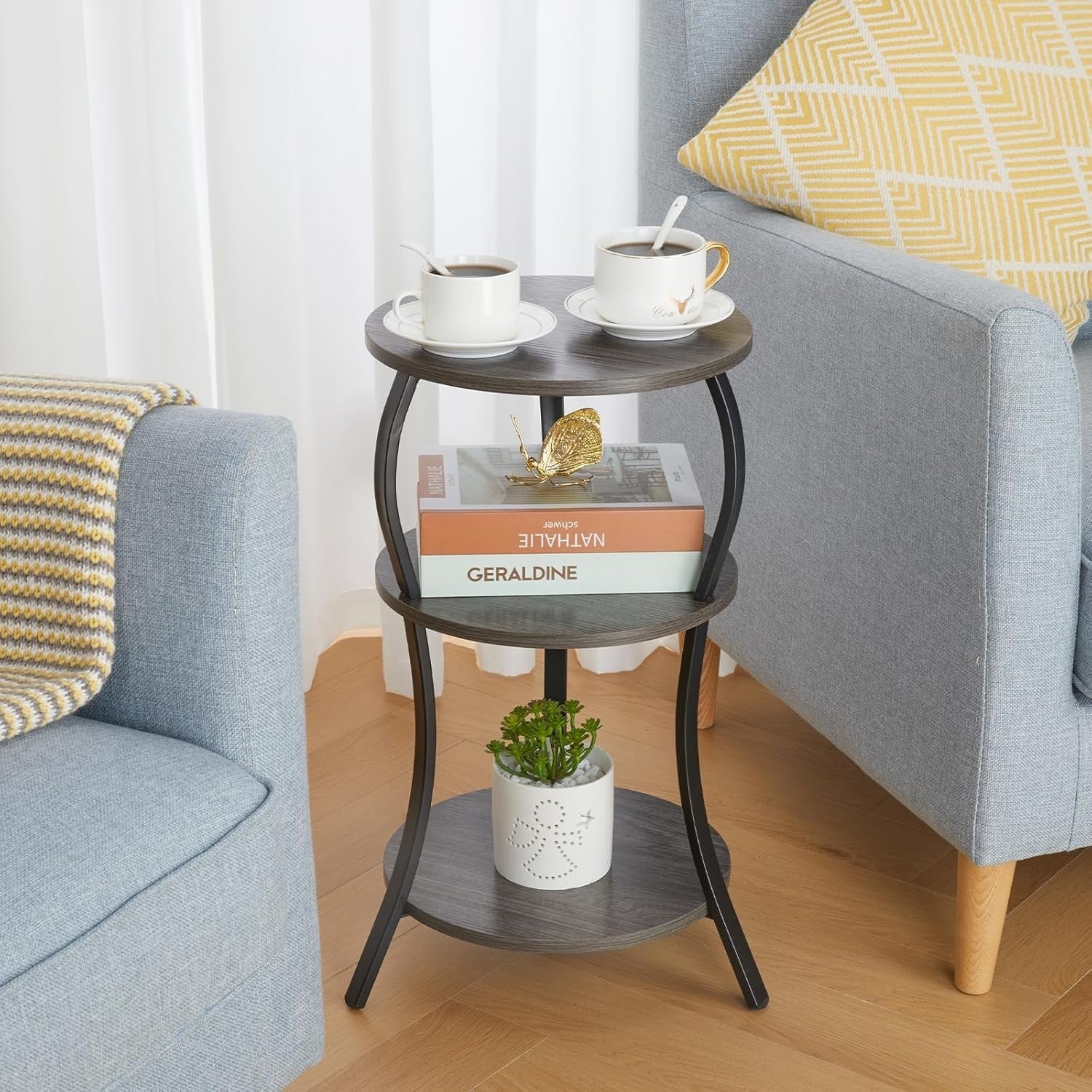 Grey 3-Tier Round Side Table 30x30x55 cm | Slim End Table w/ Storage