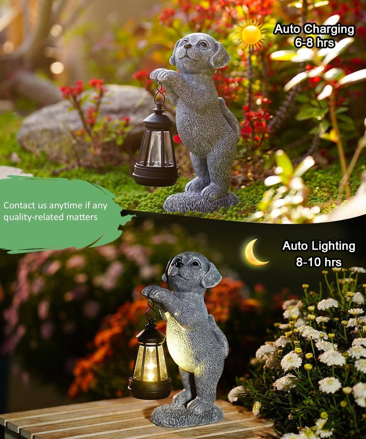 Solar Dog Garden Ornament with Lantern | Outdoor LED Statue Patio Lawn Decor