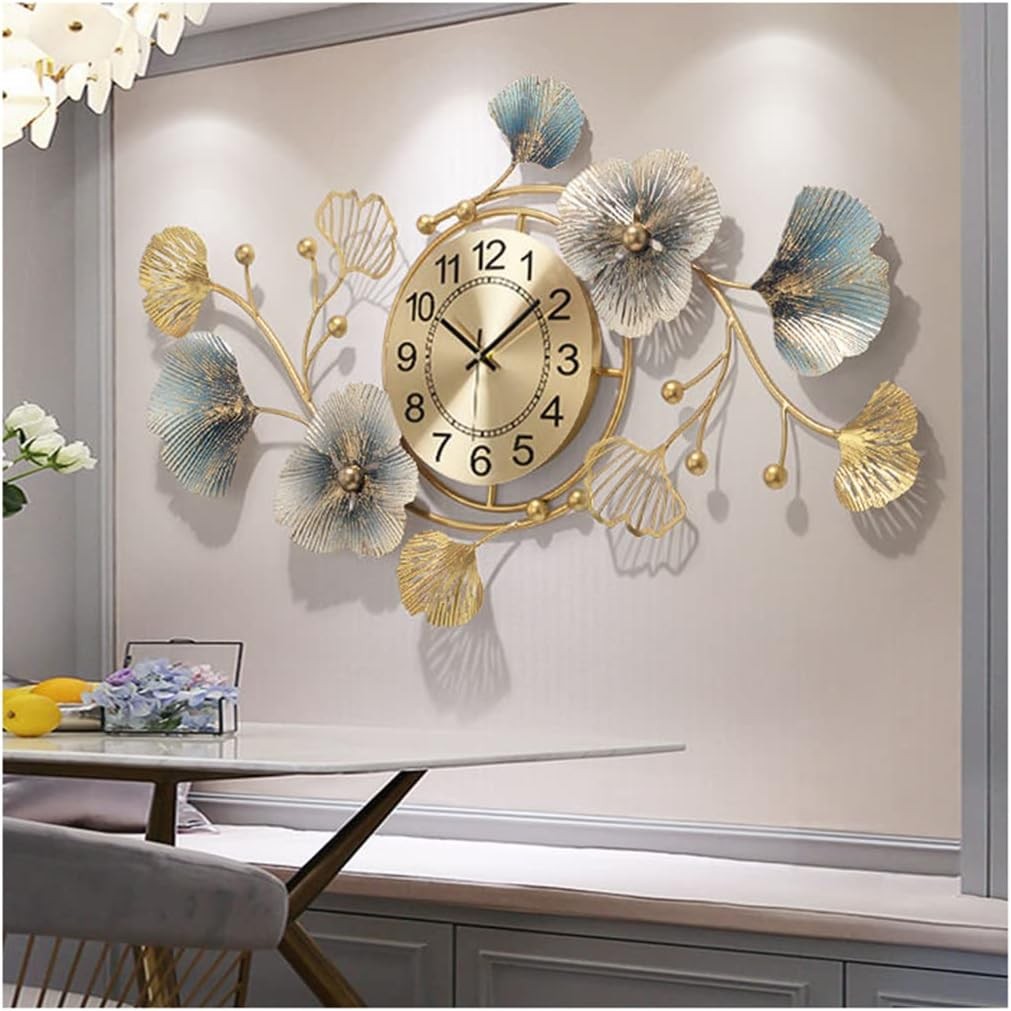 Large Silent Ginkgo Leaf Wall Clock 83x48cm Modern Iron Quartz