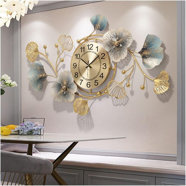 Large Silent Ginkgo Leaf Wall Clock 83x48cm Modern Iron Quartz