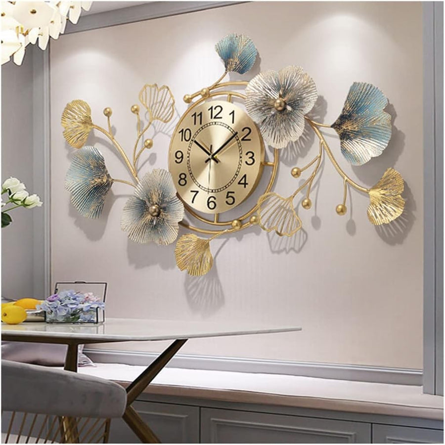 Large Silent Ginkgo Leaf Wall Clock 83x48cm Modern Iron Quartz