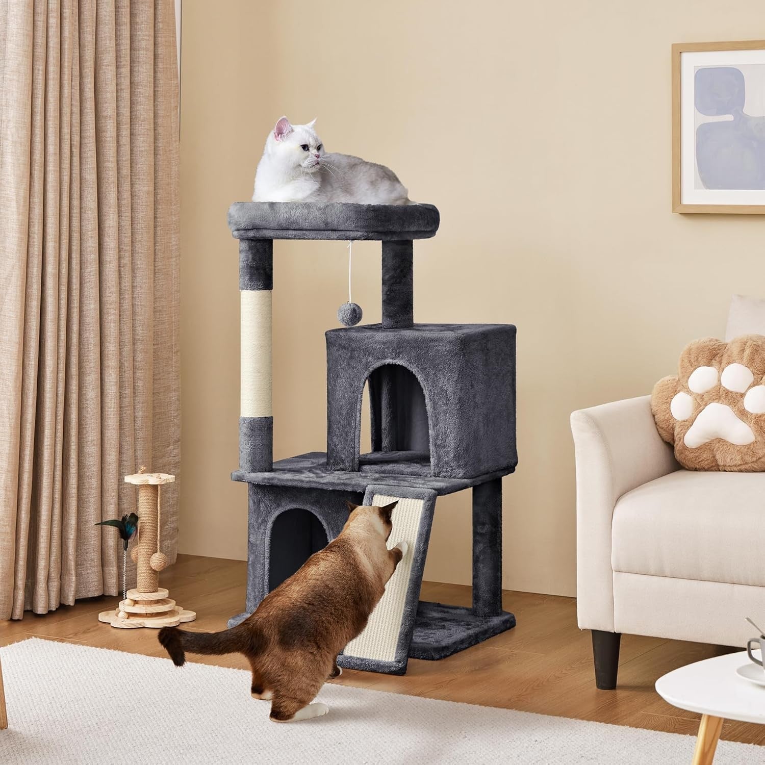 106cm Cat Tree Tower Multi Level Double Condo Scratching Post Dark Grey