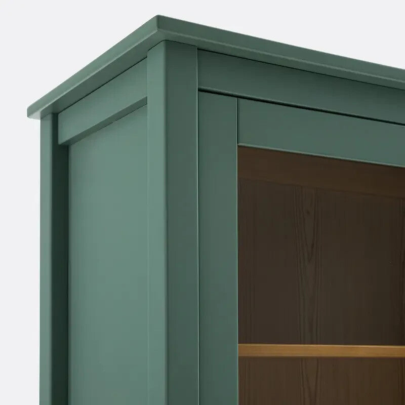 Solid Pine Glass Display Cabinet Sideboard Unit 160cm Green Storage Shelves