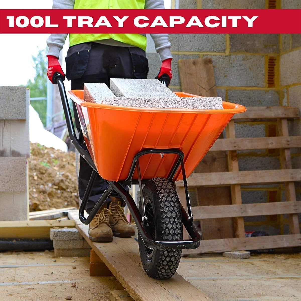 100L Orange Wheelbarrow – HDPE Tub w/ Reinforced Steel Frame & Air Tyre 150kg