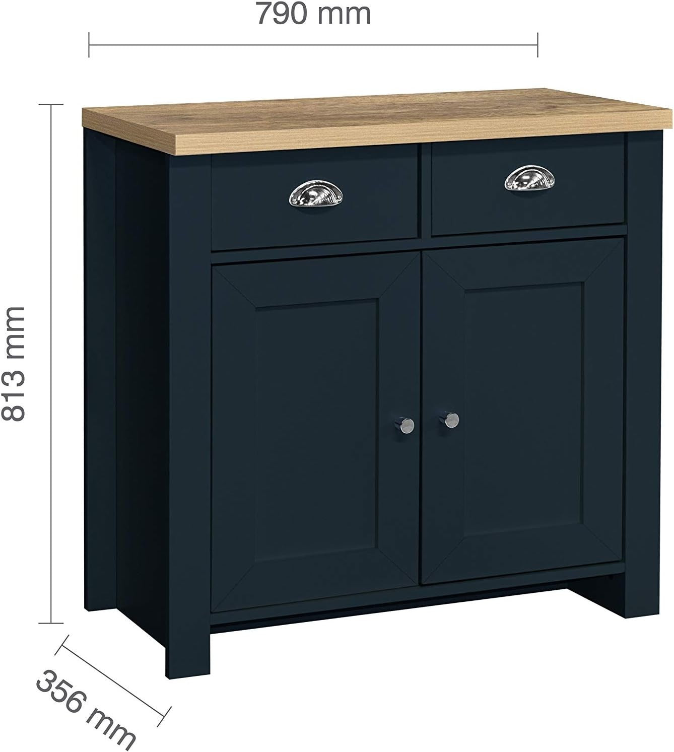 Blue Oak Sideboard 2 Drawer Storage Unit Cupboard Shabby Chic Cabinet