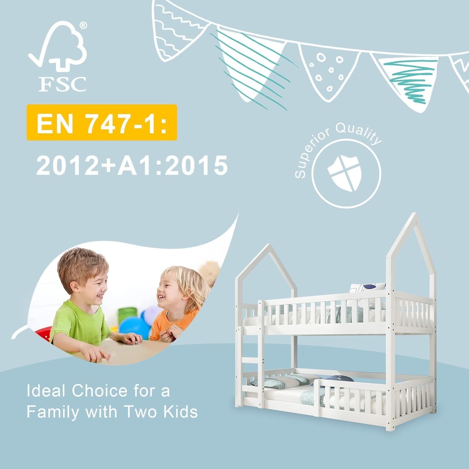 Castle Kids Bunk Bed with Ladder – Solid Wood Frame, 3FT Twin Sleeper