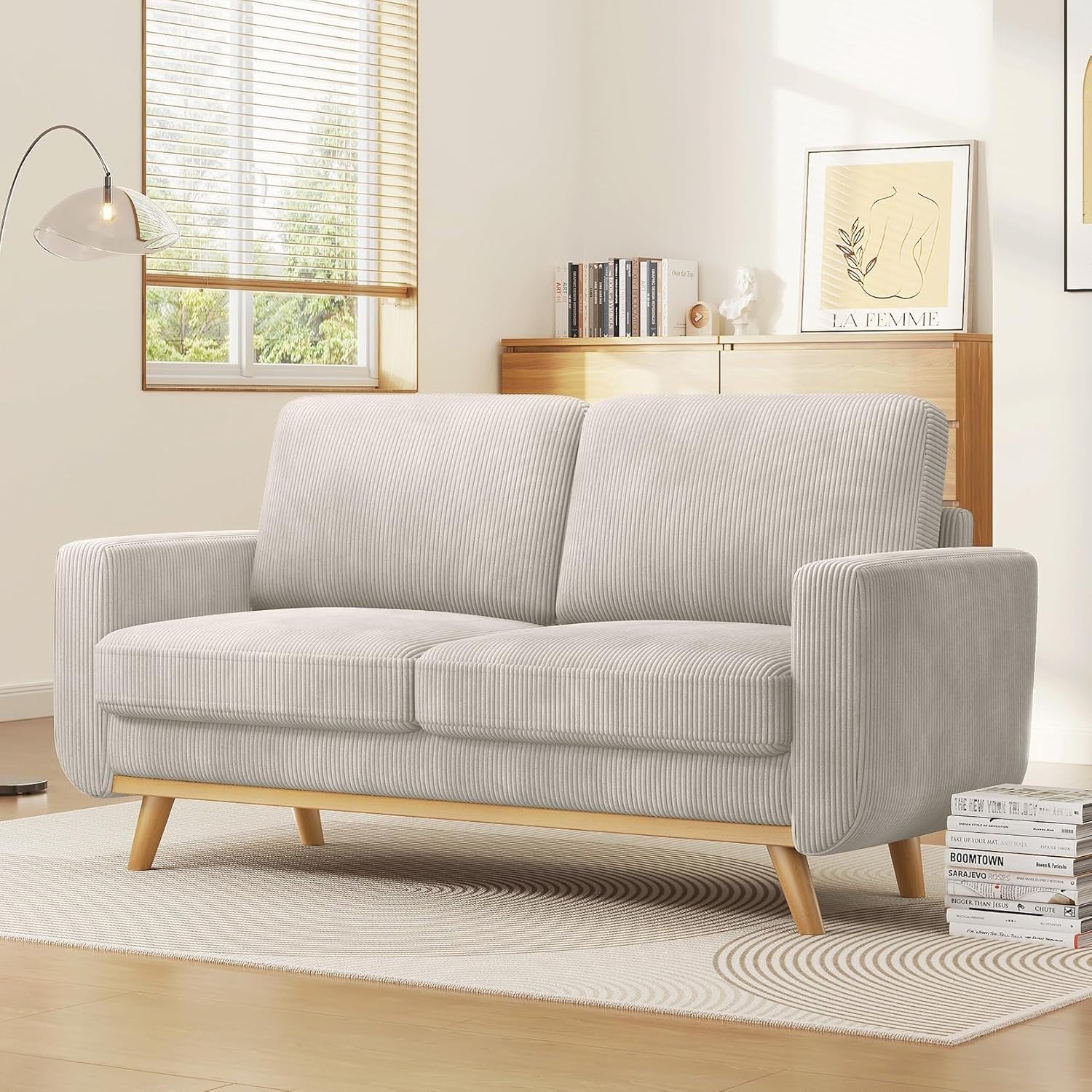 Grey Corduroy 2 Seater Sofa 172cm Deep Seat Solid Wood Frame Spring Cushions