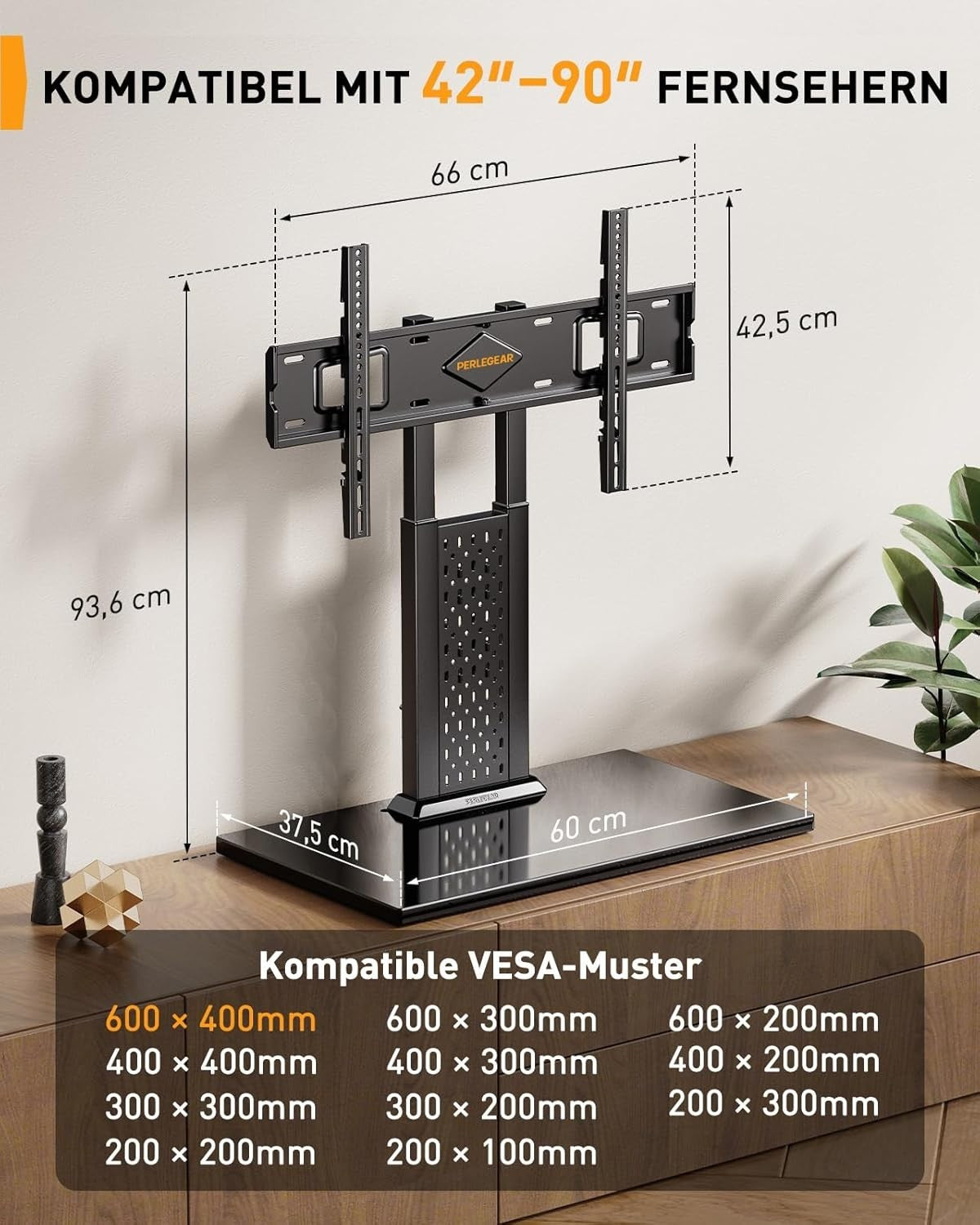 TV Stand 42-90" Tabletop Swivel Mount VESA 600x400 Glass Base 68kg Max
